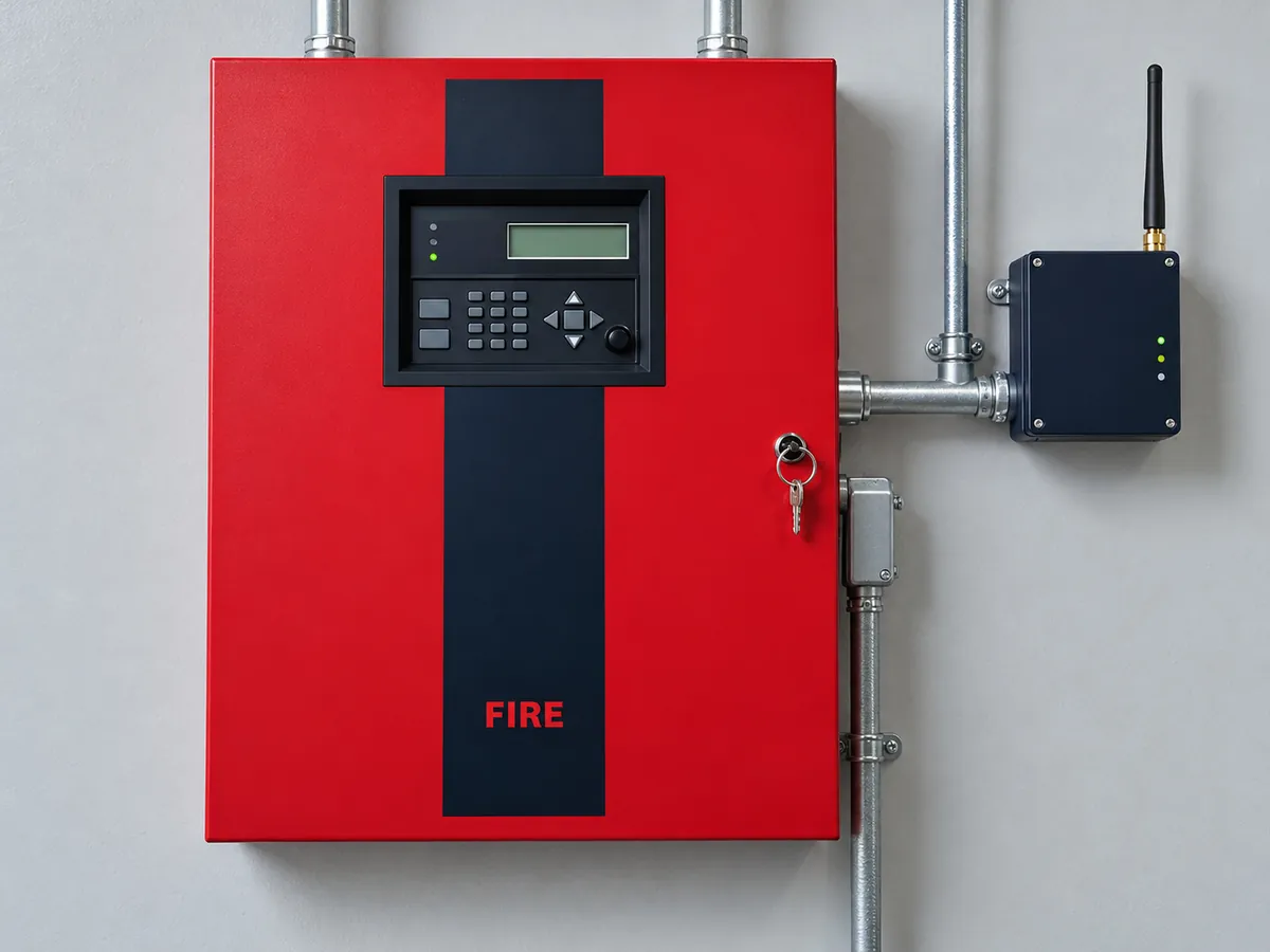 Cellular alarm communicator installed next to a fire panel